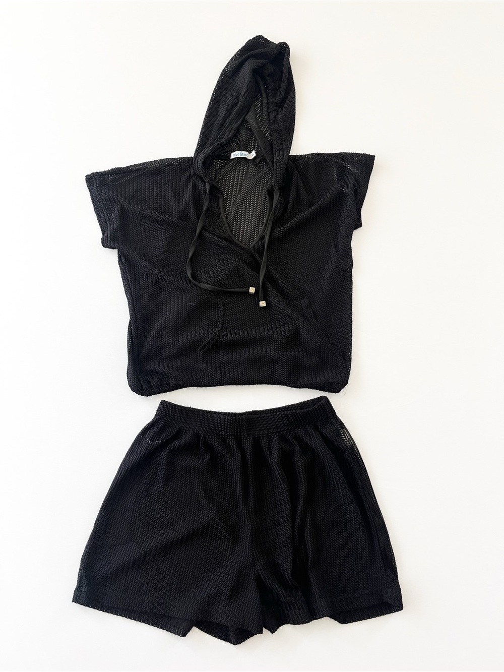 Blue Island Black Crochet Mesh Beach Cover Up Set Hooded Top Shorts XS